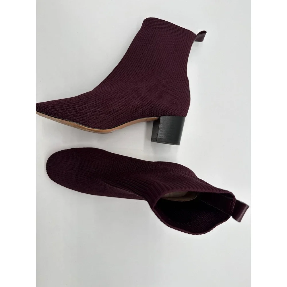 Joie Neely Sock Boots Womens 8M Burgundy Good Ribbed Knit Block Heel Ankle Boot